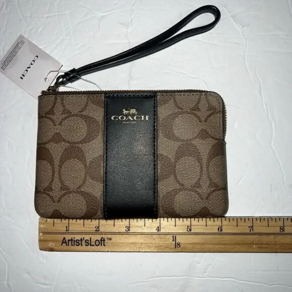 Coach Corner Zip Wristlet In Signature Canvas Khaki‎ Black 58035